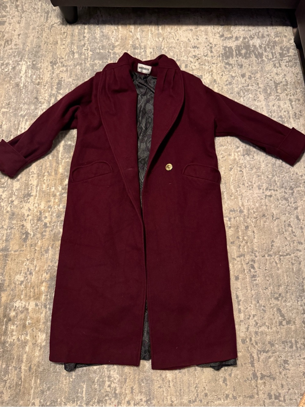 Women's Long Burgundy Trench Coat with Single-Button Closure